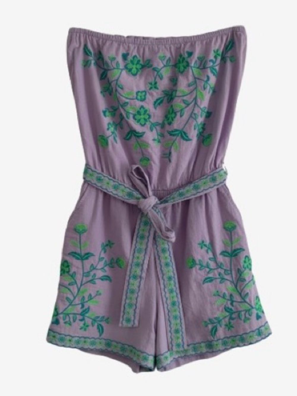 🛍️Lilly Pulitzer Lavender Embroidered Strapless Romper with Green Floral Detail